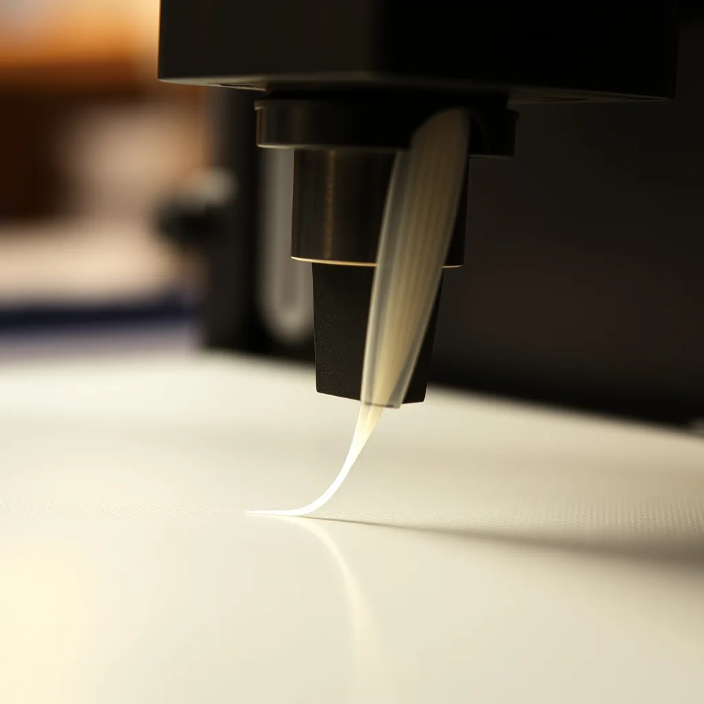 A close macro shot of a 3D printer nozzle extruding a line of filament